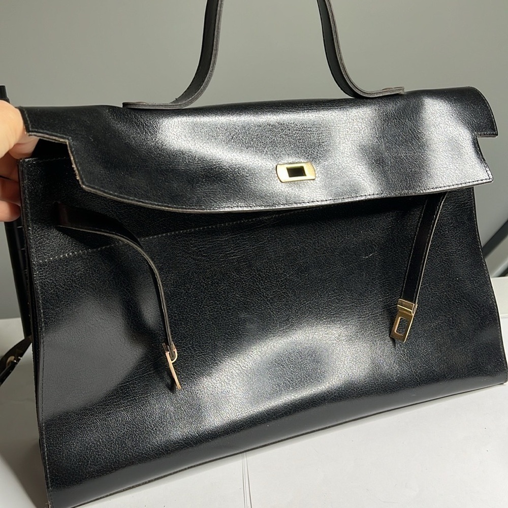 Vintage Large Black Leather Sellier Style Handbag Made in France - Picture 6 of 14